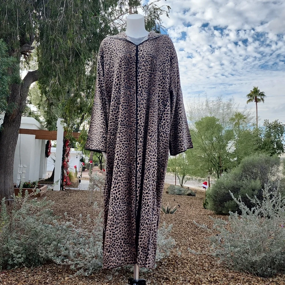 VINTAGE HANDMADE Moroccan Kaftan XL 1X 2X Leopard Hooded Abaya Boho Luxe Robe - Picture 3 of 17